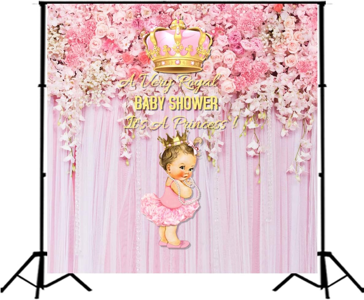 Royal Princess Baby Shower Backdrop Pink Flowers Baby Shower Wedding Background 5x5ft Vinyl Girl's Birthday Party Banner Decoration Supplies SM-046