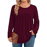 JOELLYUS Plus Size Tops for Women Fall Long Sleeve Shirts Casual Crew Neck Pleated Tunic Blouse Winter
