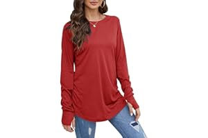 ZWSPTO Women's Spring Long Sleeve Tops O-Neck Basic Solid Color T-Shirts Blouse Tunic Tops with Thumb Holes