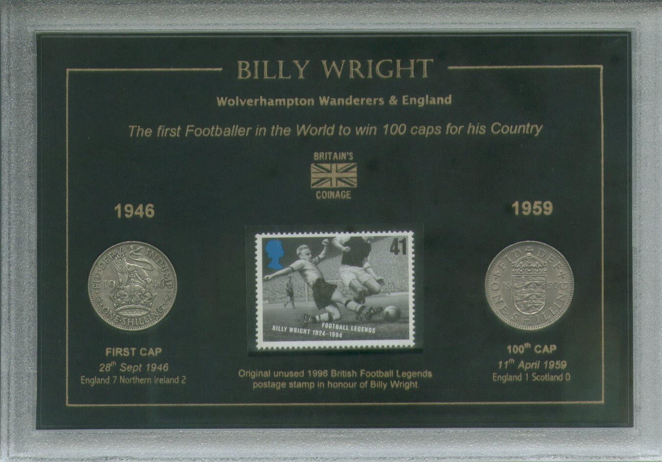Billy Wright Wolverhampton (Wolves) Wanderers & England Football Legend Vintage Retro Coin & Stamp Present Display Gift Set