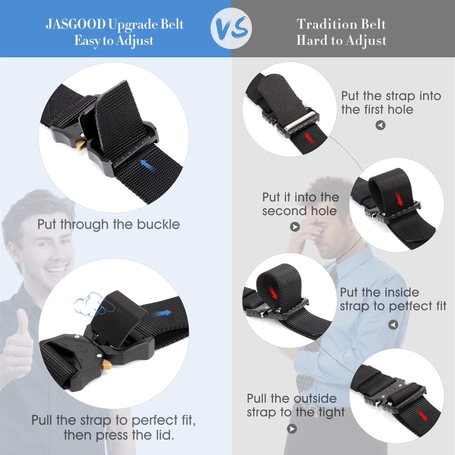 JASGOOD Men Tactical Belt, Black Military Style Webbing Rigger Web Belt Heavy Duty Work Belt with Quick Release Buckle (Black,Waist Size 31-37Inch)