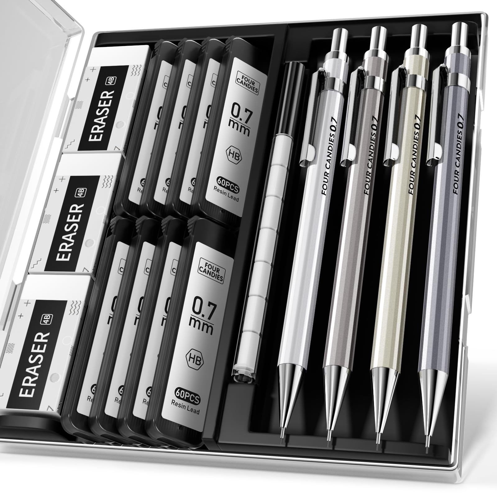 Four Candies Metal Mechanical Pencil Set with Case - 0.7mm (Medium Point), 4PCS Art Mechanical Pencils with 480PCS HB Lead Refills & 12PCS Erasers, Lead Pencils for Writing & Drawing & Drafting