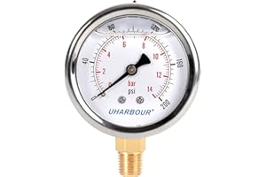 UHARBOUR Glycerin Filled Pressure Gauge 200psi/14bar, Stainless Steel case, Brass Inside Construction, 2-1/2" dial, 1/4"NPT Rear Connection.