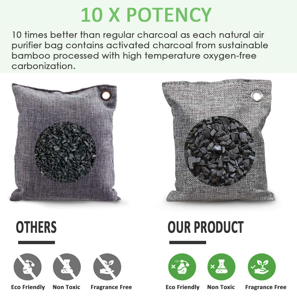 NIYIKOW Charcoal Bags Odor Absorber (Large, 4Pack x 200g), Nature Fresh Bamboo Charcoal Air Purifying Bags, Activated Charcoal Odor Absorber for Home, Car, Closet, Pets, Basement Odor Eliminator -Grey