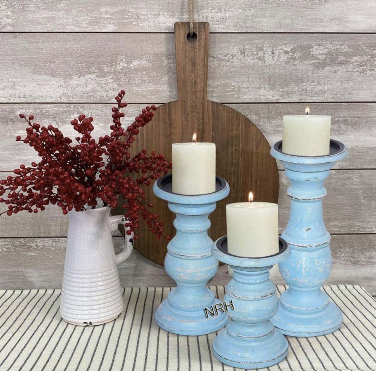 Antique Blue Candle Holders for Pillar Candles (Set of 3) - Rustic Wooden Candle Holders Pillar - Candle Stand for Fireplace or Table Centerpiece