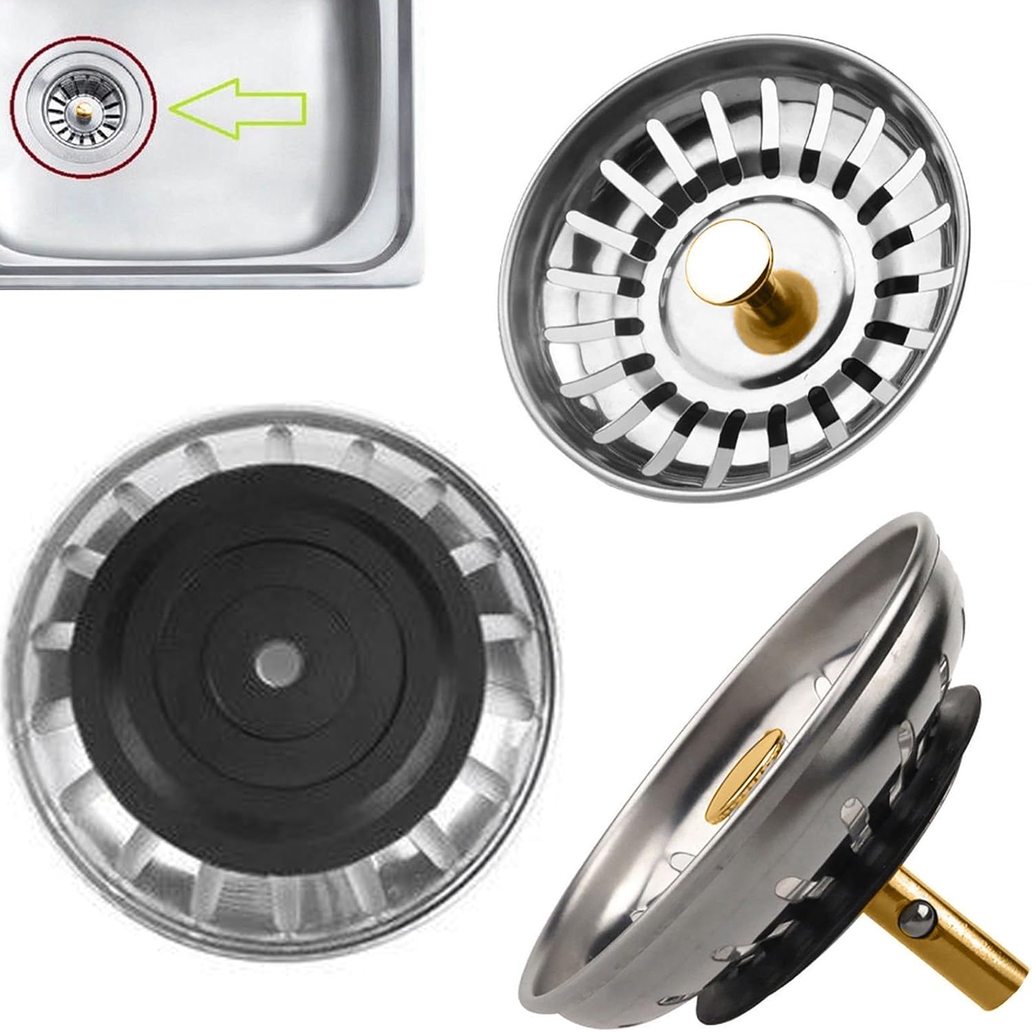 Safekom Premium Stainless Steel Sink Drain Plug and Strainer, Silver, 0NE SIZE