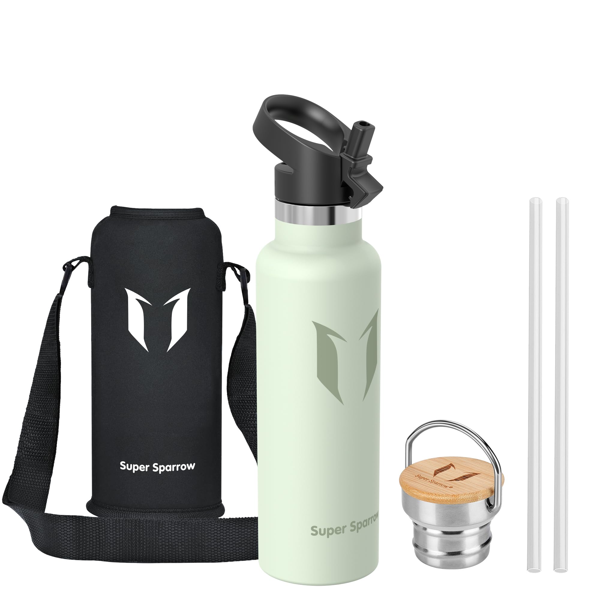 Super Sparrow Water Bottle Stainless Steel - 620ml - Insulated Metal Water Bottles - Standard Mouth Flask - BPA Free - Straw Bottle for Work, Gym, Sports - 2 Lids — image 1