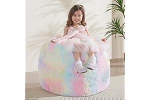 WSOFRLAC Bean Bag Cover (No Filler), Stuffed Animal Storage Bean Bag Covers for Kids, Soft Faux Fur Washable Cover with Pocket Handle, Comfy Fluffy Beanbag for Organizing Plush Toys, 27"x21" Rainbow