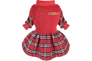 PINKBOW Fall Dog Dress Plaid Dog Sweater Dress Warm Soft Fleece Dog Sweater Winter Pet Coat Clothes for Small Dog Girl Christmas Dog Dress Xmas Outfit Red S