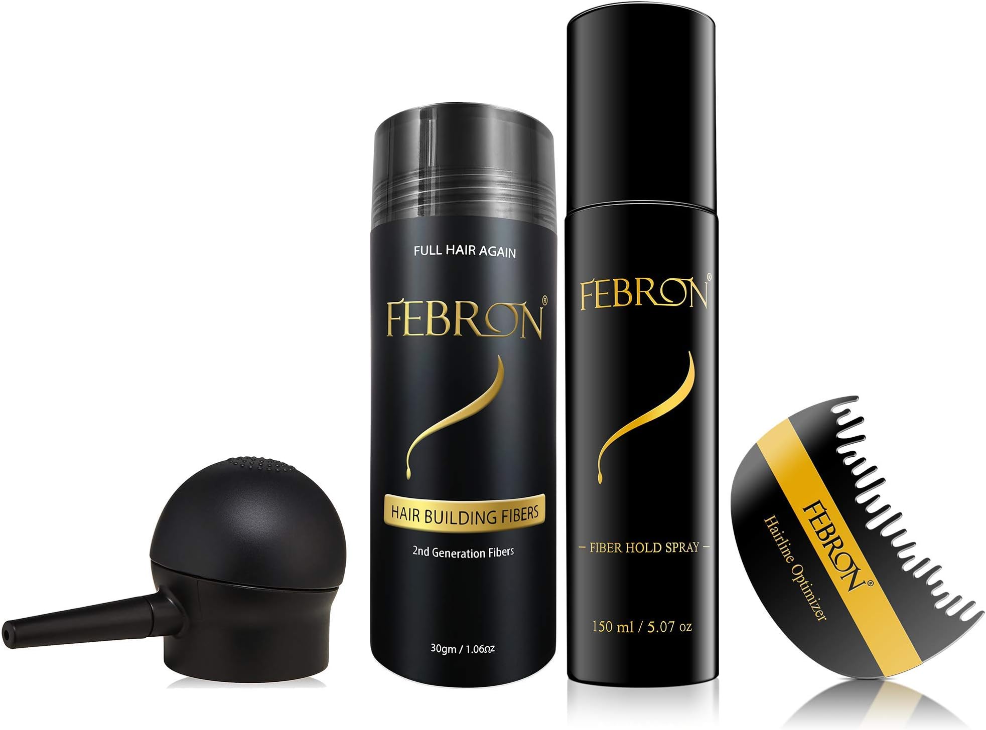FEBRON Full Tool Kit (4 Items) 30gm Hair Building fibers Bottle, 150ml FiberHold Spray, Pump, Hairline Optimizer (Auburn)