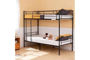 Karl home Black Bunk Bed Twin Over Twin, Metal Bunk Bed with Built-in Ladder and Safety Guardrail, Space-Saving Twin Bunk Beds for Kids, Teens & Adults, No Box Spring