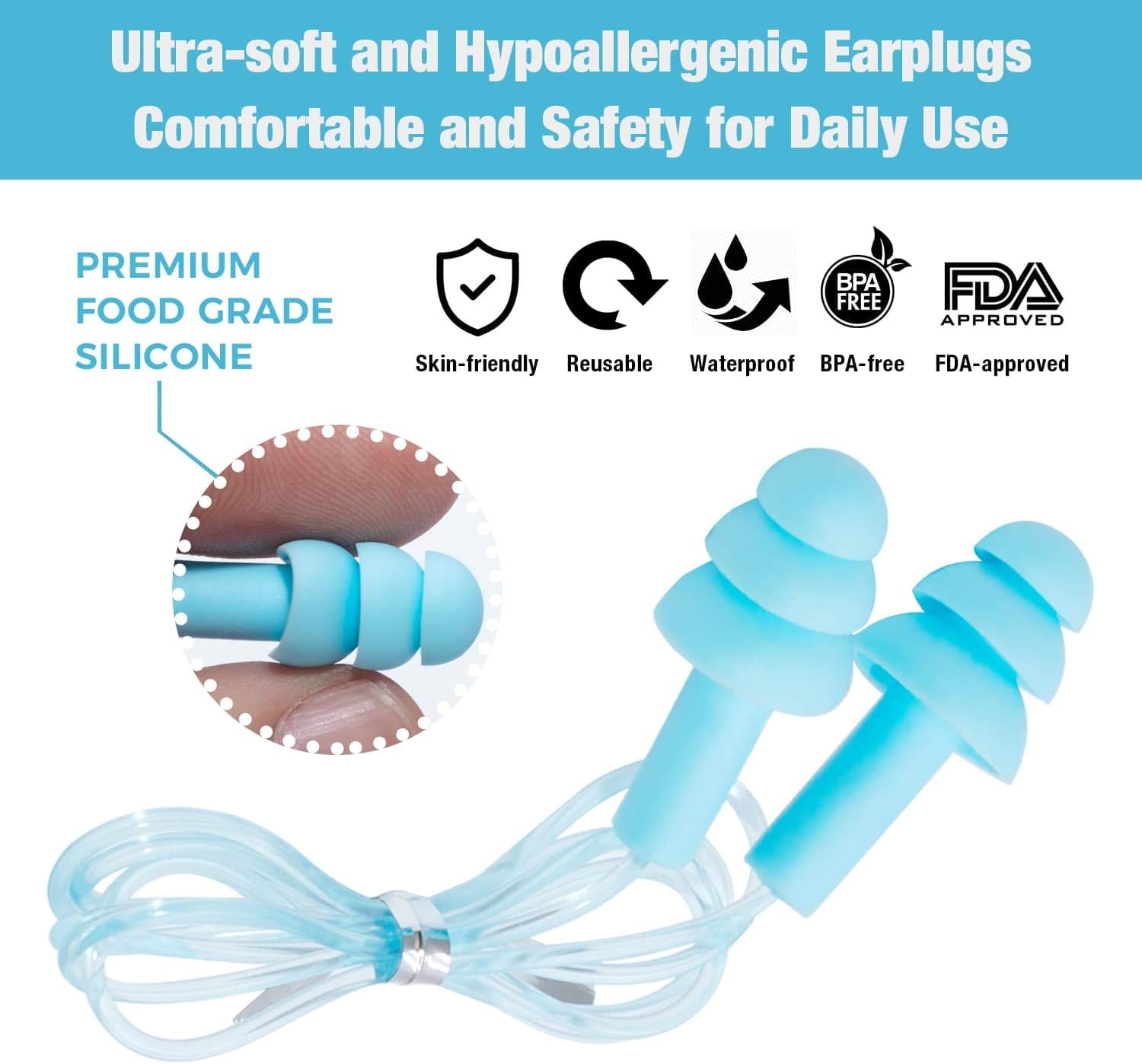 Reusable Silicone Ear Plugs - ANBOW Waterproof Noise Reduction Earplugs for Sleeping, Swimming, Snoring, Concerts, 32dB Highest NRR, 3 Pairs with Bonus Travel Pouch: Health & Personal Care
