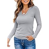Valiamcep Womens V Neck Long Sleeve Shirt Slim Fitted Tunic Ribbed Knit T Shirt Basic Solid Blouse Casual Tee Tops