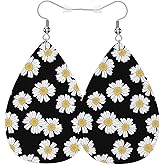 Vosach White Daisy Teardrop Earrings For Women Friends Small Daisy Floral Chamomile On Black Dangle Earrings Water Drop Earrings Leather Earrings