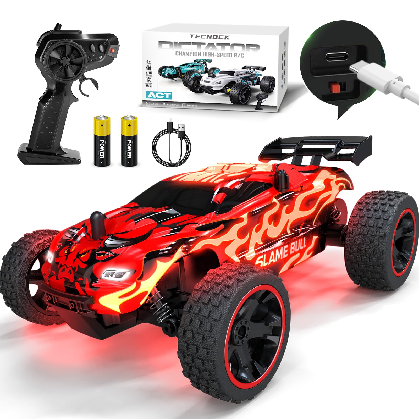 Tecnock Remote Control Car, 1:18 Scale 2WD RC Truck with USB-C Easy Charging & 50-Min Play, 2.4GHz All-Terrain RC Car with LED Lights, Toys Gift for Kids Ages 8-12 Boys & Girls