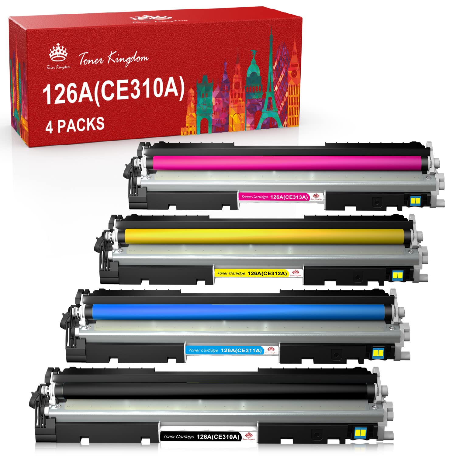 Toner Kingdom Toner Cartridges Compatible for HP 126A CE310A CE311A CE312A CE313A CF350A Compatible for HP LaserJet Pro 100 MFP M175 M175A M175nw M275nw M176 M177 M177FW CP1025 CP1025nw (4 Packs)