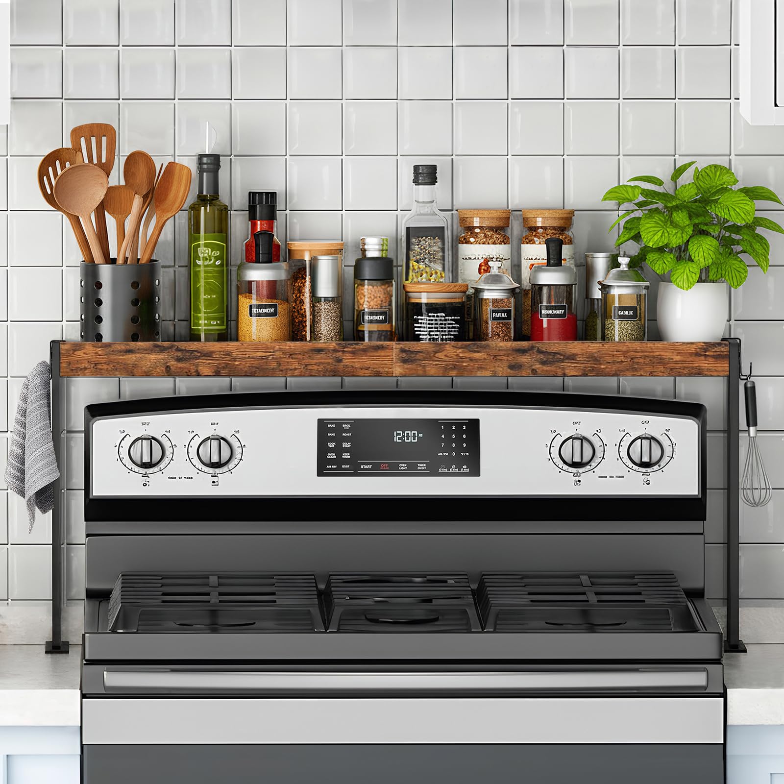 Photo 1 of EffiJoy Spice Rack Shelf for Kitchen Stove, Over The Stove Shelf with 4 Level Adjustable Height, Over Stove Spice Rack with 4 Hooks, Black