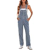 Pink Queen Women's Denim Bib Overalls Casual Loose Adjustable Straps Wide Legs High Waist Jean Pants Jumpsuits with Pockets