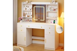 HUAHUU Vanity Desk with LED Lights & Sliding Mirror, Makeup Vanity with Lights, Power Outlet, White Vanity Desk with 5 Drawers & 2 Cabinets, 6 Storage Shelves for Bedroom