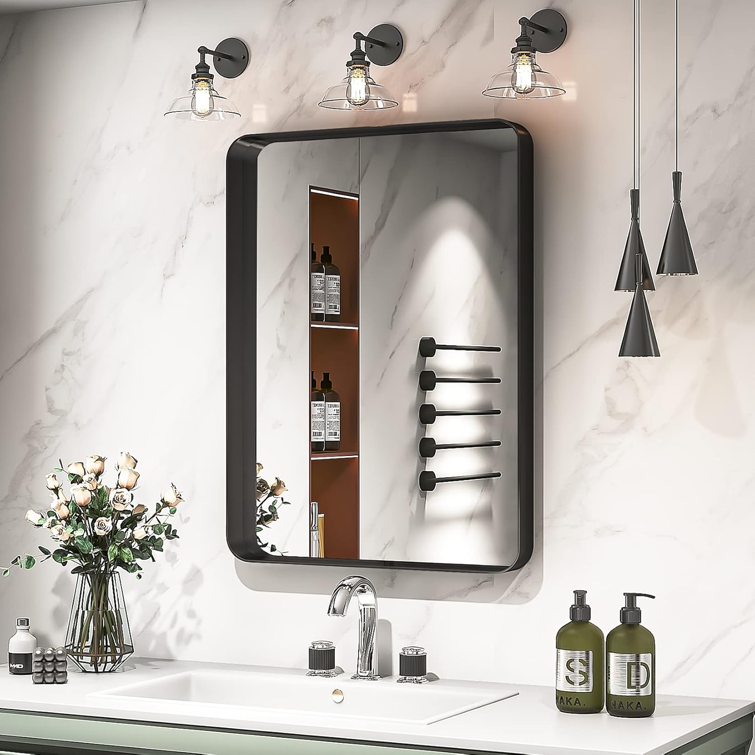 Mirrors - YEELAIT Matte Black Bathroom Mirror for Wall, 22x30 Inch Rounded Rectangle Metal Frame Mirror, Modern Decorative Bathroom Vanity Mirror, Shatter-Proof, Anti-Rust, CRI 90, Vertical or Horizontal