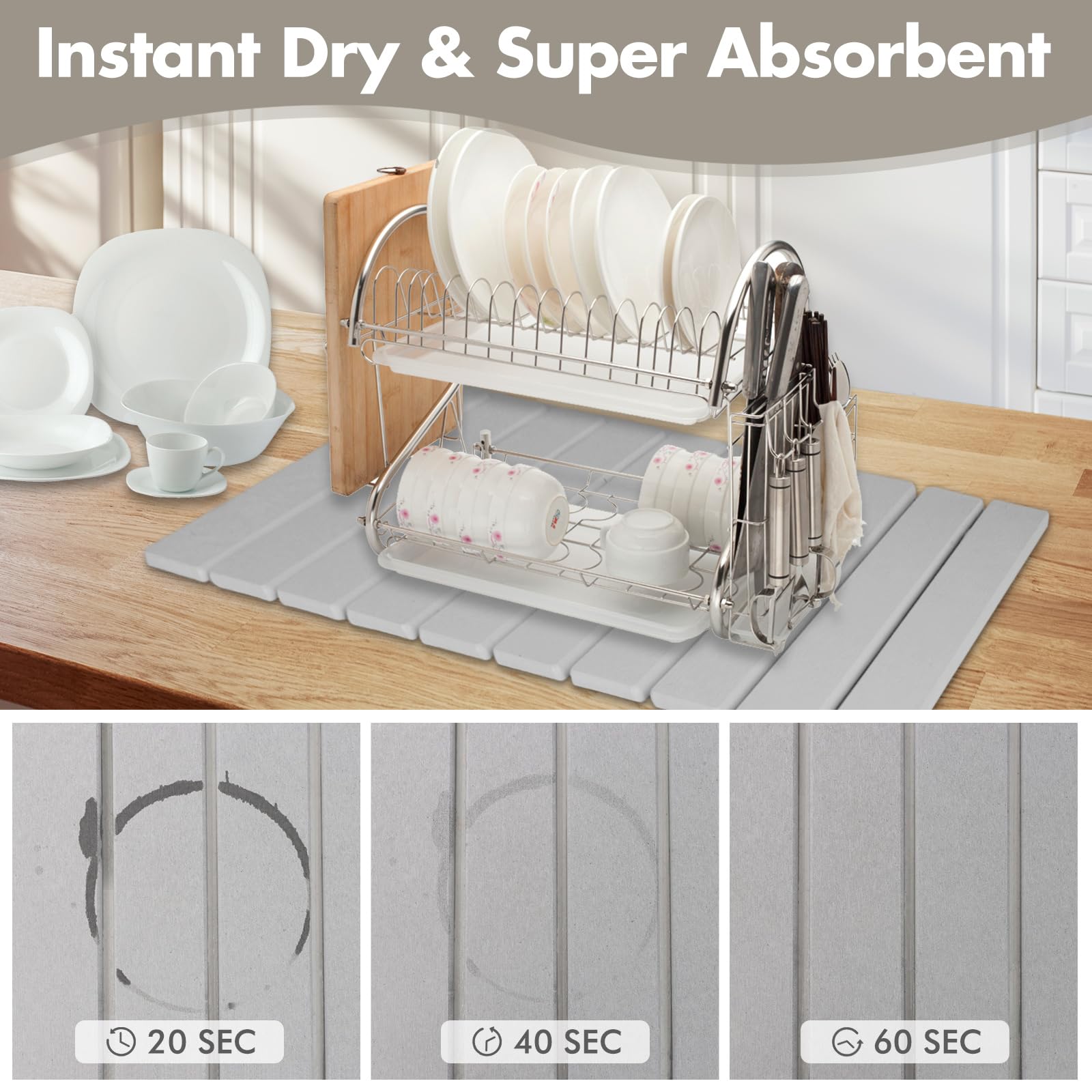 Large Stone Dish Drying Mat for Kitchen Counter, Eco-friendly, Instant Drying Pad,Diatomaceous Earth Water Absorbing Mat, Foldable and Super Absorbent Dish Drying Stone Mat, 24