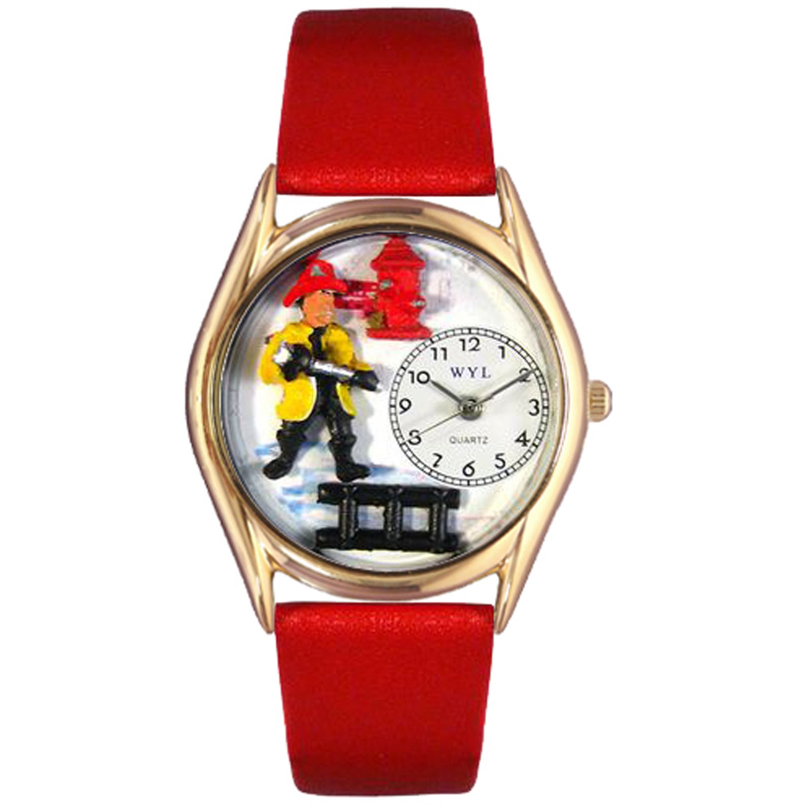 Whimsical Watches Firefighter Black Leather and Goldtone Unisex Quartz Watch with White Dial Analogue Display and Multicolour Leather Strap C-0620011