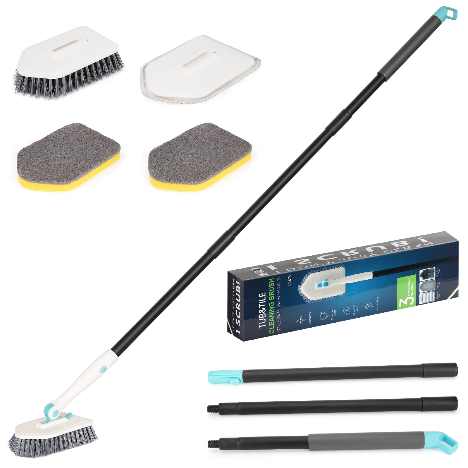 3 in 1 Shower Cleaning Brush - 180° Rotatable Bathroom Cleaning Brush with 50 inch Long Handle, Scrubber Brush Cleaner Tool for Shower Bathtub Tile Wall Floor Cleaning (Include 4 Replaceable Brush)