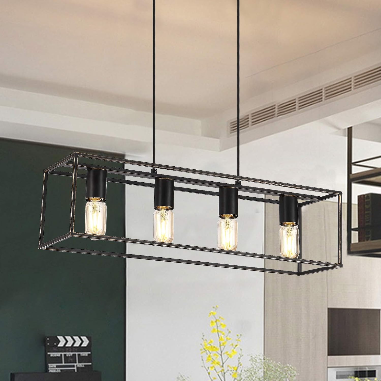 Industrial Linear Pendant Light Fixture, 4-Light Kitchen Island Lighting with Metal Open Frame . (Black+Brushed Gold, 4-Light) - - 