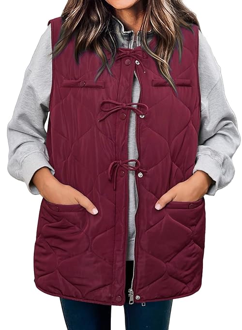 ECOWISH Puffer Vest Women 2025 Sleeveless Quilted Jacket Bow Button Zip Up Fall Winter Coat Padded Gilet Outerwear Wine Red Medium