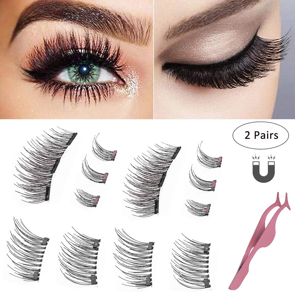 Magnetic Eyelashes,Ultra-thin Dual Magnetic Eyelashes for Full Eye, Natural Look,3 Magnets Strip Eyelashes,Reusable 3D Magnetic Lashes (2 SETS)