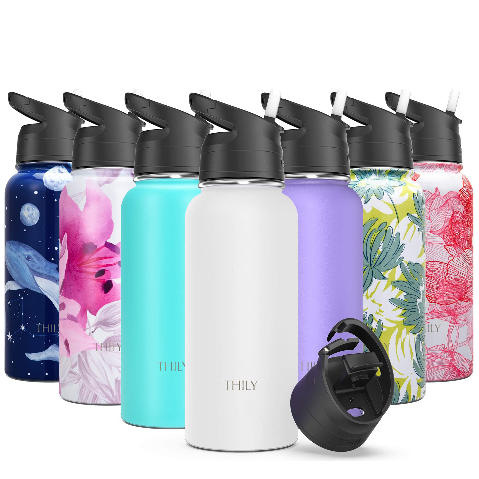 Vacuum Insulated Sports Water Bottle - THILY 32 oz Stainless Steel Leakproof Wide Mouth Water Flask with Flip Lid and Straw Lid, Keep Hot 12 Hours Cold 36 Hours, Sweat-proof, Powder Coated, White