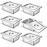 6 Set Stainless Steel Hotel Pans 1/2 Size 4 Inch Deep With Lids, Anti-Jam Chafing Steam Table Pans, Catering Food Storage Metal Pan