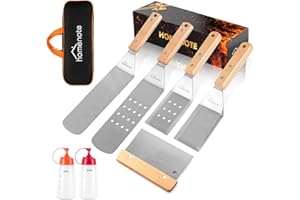 HOMENOTE Griddle Accessories Kit, 7Pc Professional BBQ Kit in Gift Box - Heavy Duty Wooden Handle Stainless Steel Griddle Tool Set Great for Grill Flat Top Cooking Camping, Wood Color