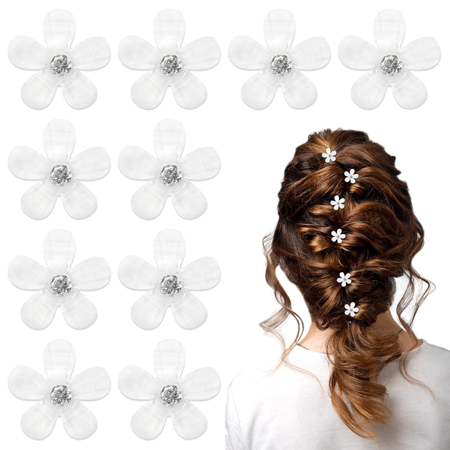 Mini Flower Hair Clips with Rhinestones, Pack of 10 – White, for Women & Girls, Daily or Party Use