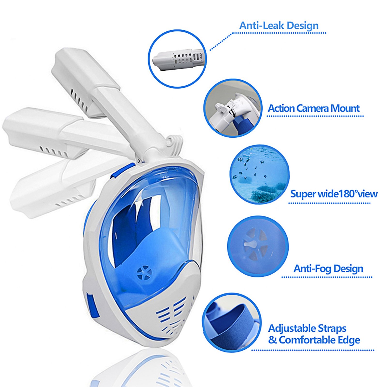 ANHONG Foldable Full Face Snorkel Mask Panoramic View Diving Scuba Mask Easy Breath with Anti-Fog and Anti-Leak with Adjustable Head Straps Design for Adults,Youth,Kids (Blue, L/XL)