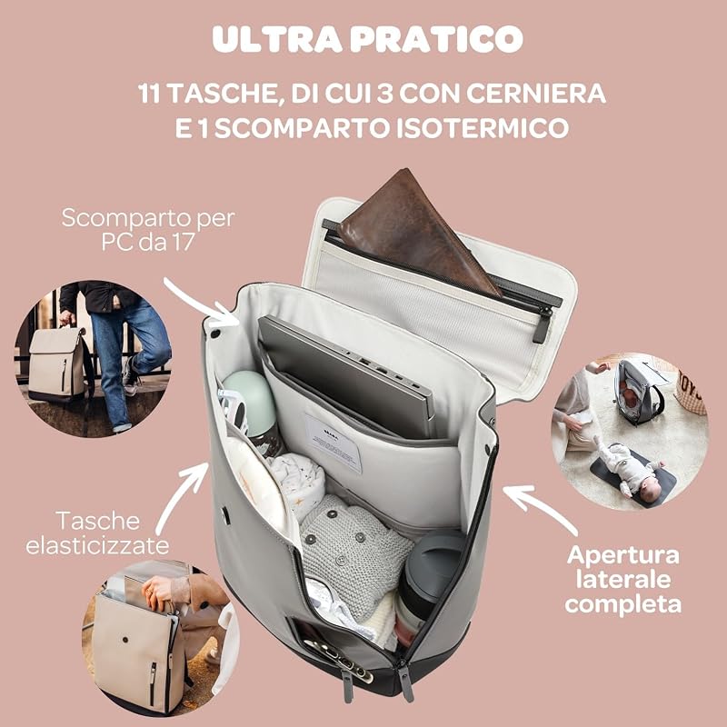 , Borsa Fasciatoio, Zaino, Impermeabile, 11 tasche, Fasciatoio, Gomma riciclata, Traspirante, Manici e Schienale Imbottiti, Tasca Ssolante, PC17 pollici, 19L, Borsa Oslo, Antracite