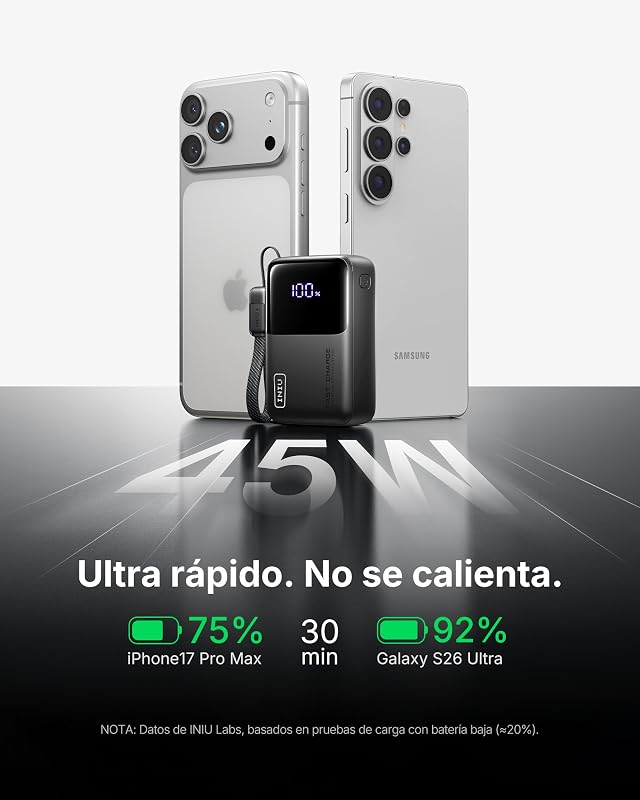 10000mAh Power Bank, Ultra Mini 45W Carga Rápida Bateria Externa