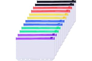 Antner 12PCS A6 Binder Pockets 6-Hole Budget Cash Envelopes Multicolor Zipper Money Organizer for Cash Stuffing, Waterproof PVC A6 Planner Inserts Binder Pouches Loose Leaf Document Storage Bags