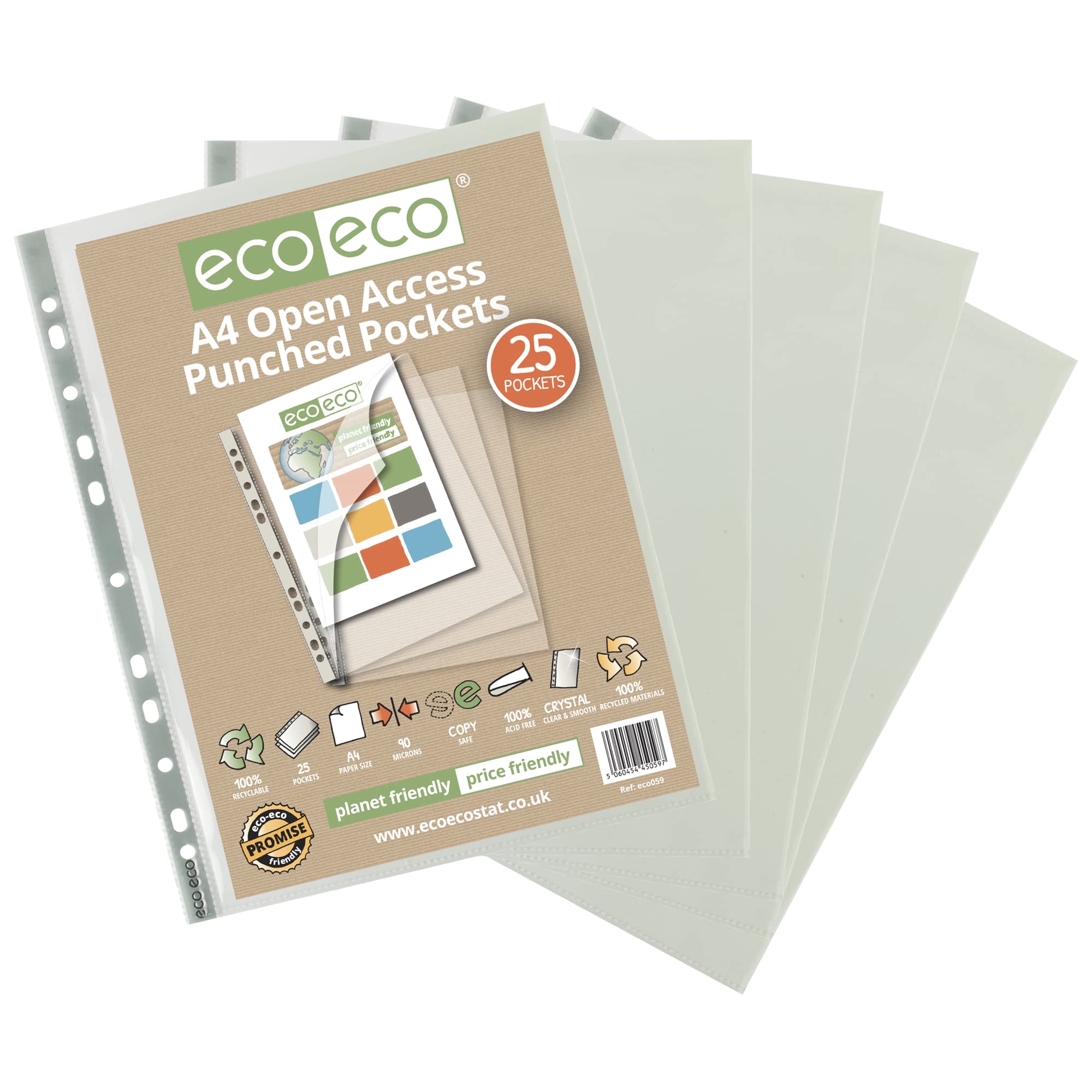 eco-eco 100% Recycled Premier Multi Punched Pockets Glass Clear, Open Top and Side, Transparent Poly Wallet Sheet Protector, 90 Microns (Pack of 25), Grey, A4