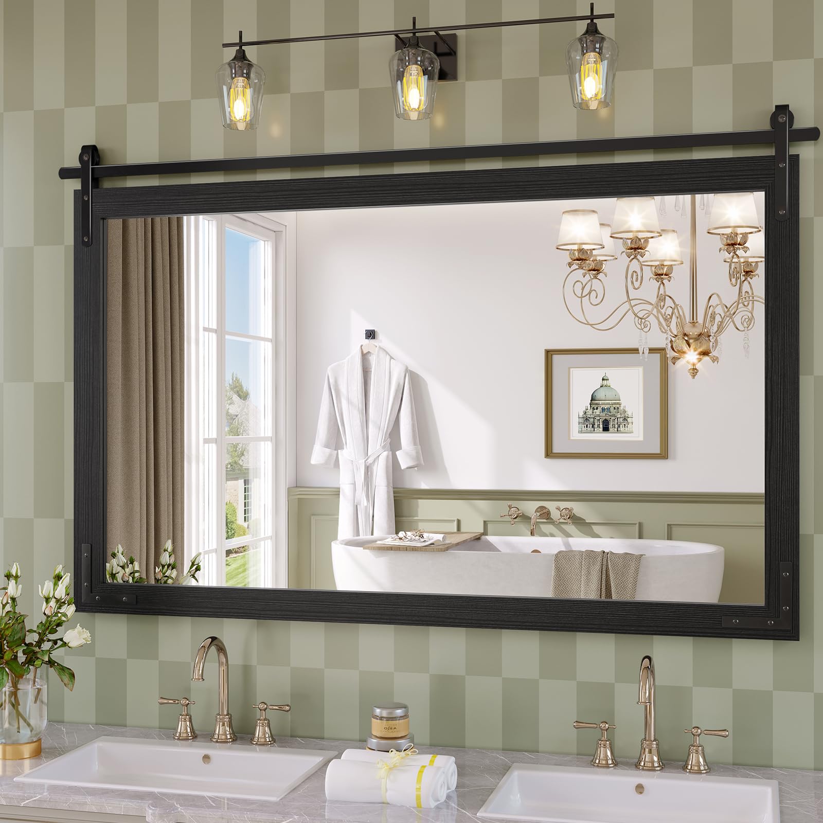 Photo 1 of JIINGYO Farmhouse Bathroom Mirror, 55x36 Inch Black Vanity Mirror for Wall, Wood Framed Rustic Mirror Rectangular Wall Decor Mirrors for Entryway Living Room Bedroom