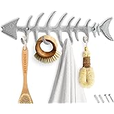 Comfify Fish Bones Wall Mounted Towel Rack – Cast Iron Hanger with 4 Hooks – Antique White – Includes Screws and Anchors
