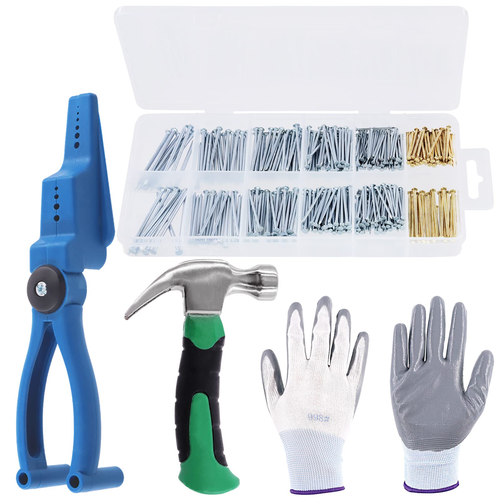 Keadic 423 Pcs Nail Hammer Hardware Kit Contains Galvanized Nails 8oz Mini Claw Hammer Nail Holder and Work Gloves for Home Improvement Wall Mounting Hanging Pictures