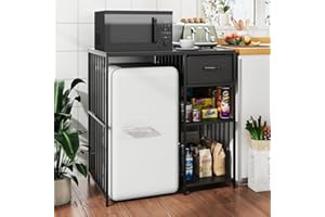 VOWNER Mini Fridge Cabinet with Power Outlet, 3-Tier Industrial Style Kitchen Microwave Stand Baker Rack with Drawer, Utility