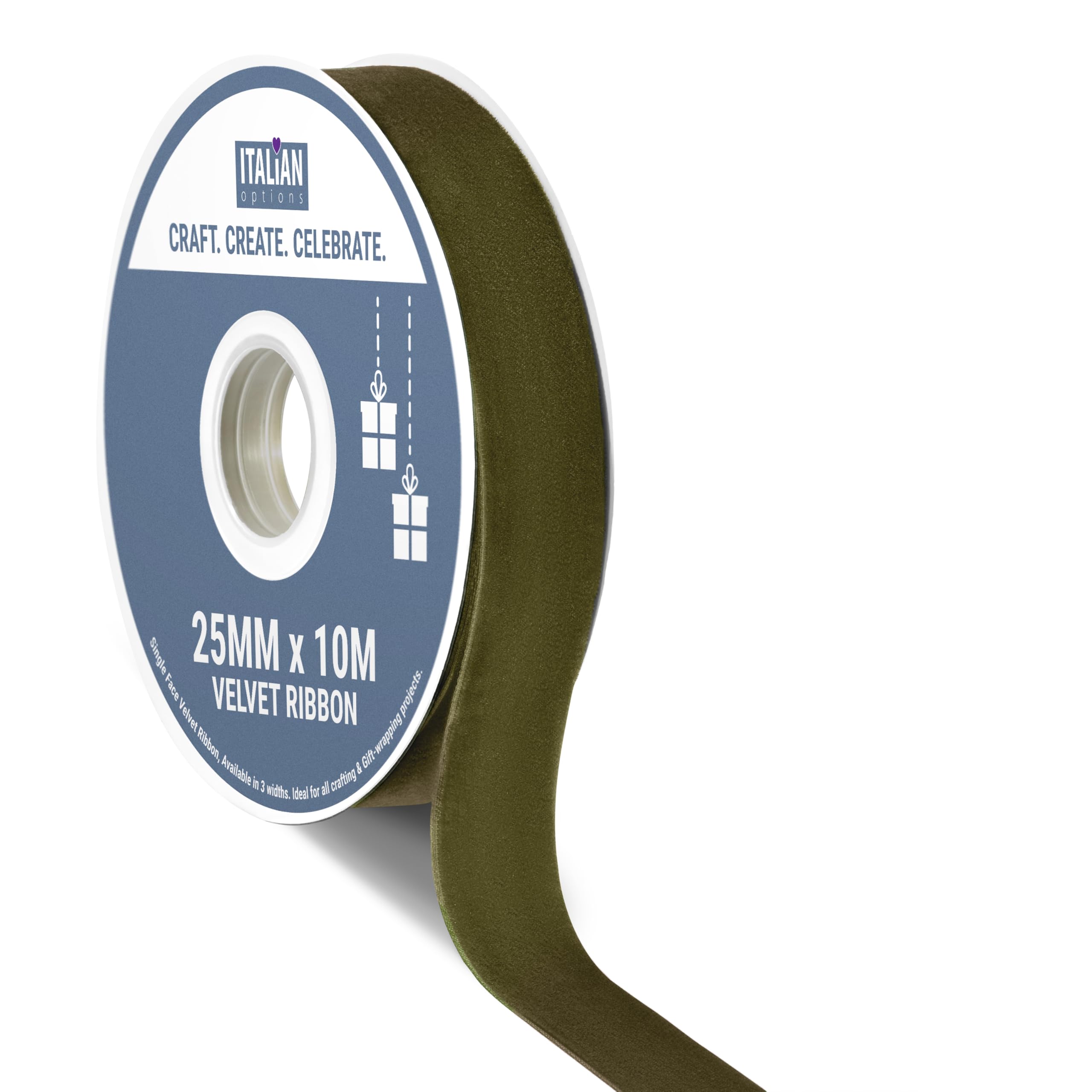 Italian Options Velvet Ribbon, Luxury, Single-Face Velvet Ribbon for Crafting, Christmas, Bows, Hair, Cakes, Weddings, Ornaments, Gift Wrapping, Flowers, 25mm x 10 Metre Roll, Moss Green — image 1