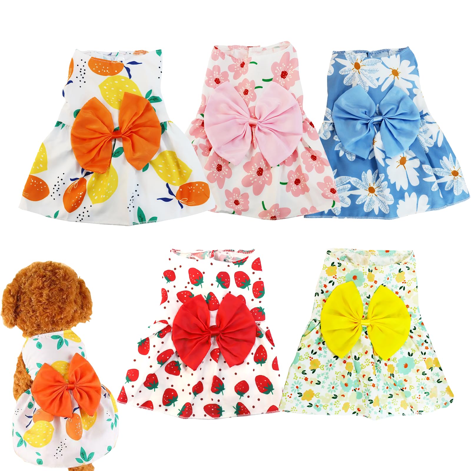 Photo 1 of 5 Pcs Dog Dresses Floral Puppy Cat Pet Dresses Dog Bowknot Dresses for Small Dogs Girls Puppy Summer Floral Skirts Outfits Cute Princess Pet Dress for Female Yorkie Cats Dogs Pets