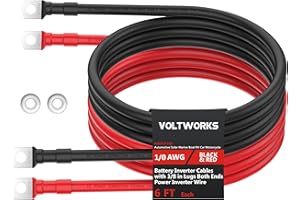 VOLTWORKS 1/0 AWG Gauge Red + Black Pure Copper Battery Inverter Cables Solar, RV, Car, Boat 6ft 3/8 in Lugs