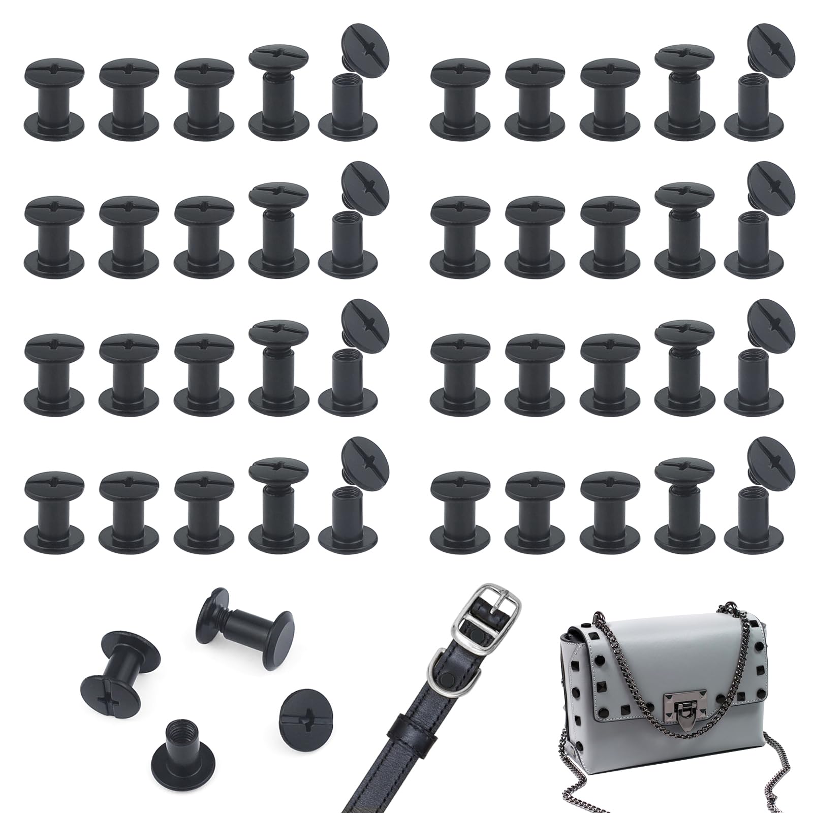 JJWNMLL 85 Sets Chicago Screw Posts M5*8mm, Rivet Chicago Binding Screws, Metal Rivet Replacement Repair for Bags, Collar, Harness, Luggage, Purse, Dog Lead, Backpack, Belt - Matte Black