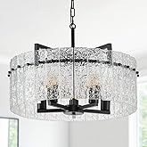 Modern Chandeliers for Dining Room,20" Black Luxury Water Ripple Glass Bedroom Light Fixture,5-Light Glass Pendant Lights Kit