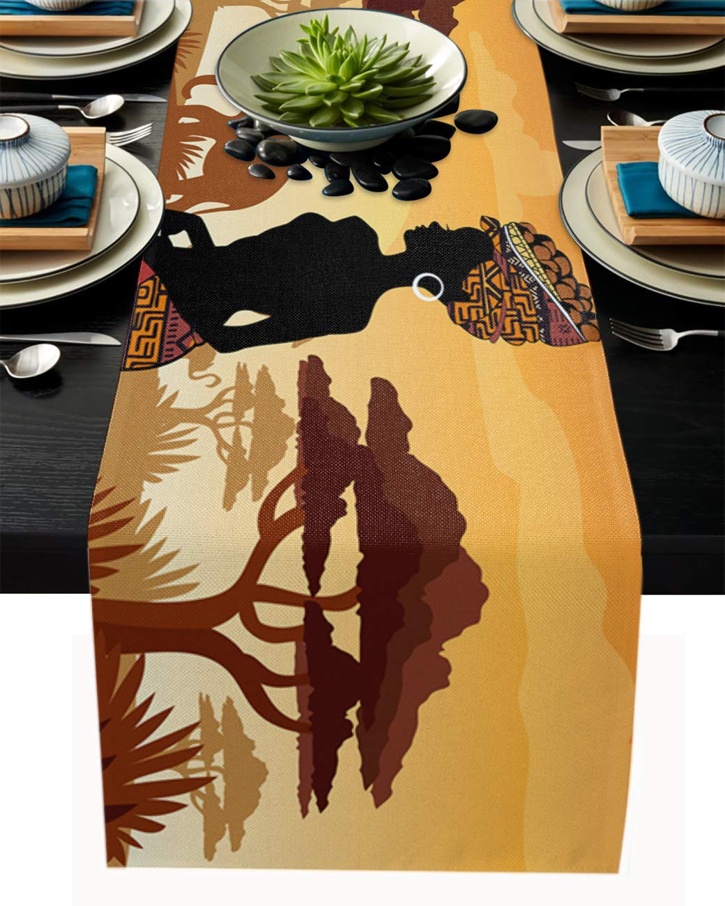 Cotton Linen Dining Table Runner African American Woman Afro Lady Elephant Giraffe Non-Slip Heat Resistant Table Runners for Family Dinner Kitchen Table,14x72 Inch