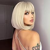 ATAYEA Blonde Bob Wig With Bangs Short Blonde Wig for Women 12 Inch Straight Bob wig with Bangs Synthetic Colorful Cosplay Daily Party Use（Platinum Blonde,12IN）